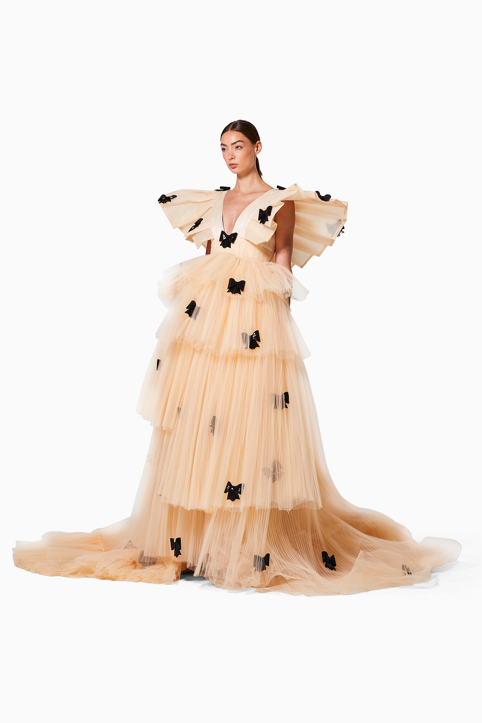 Beige evening gown with black butterfly details on a white background