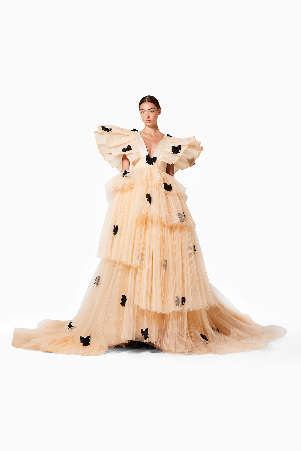 Beige evening gown with black floral details on a white background
