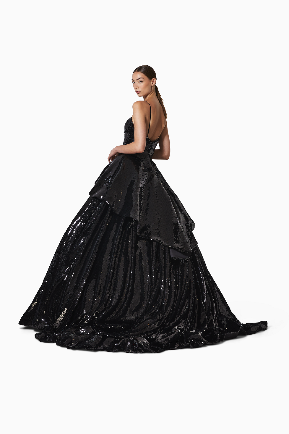 Black sequin gown on a white background