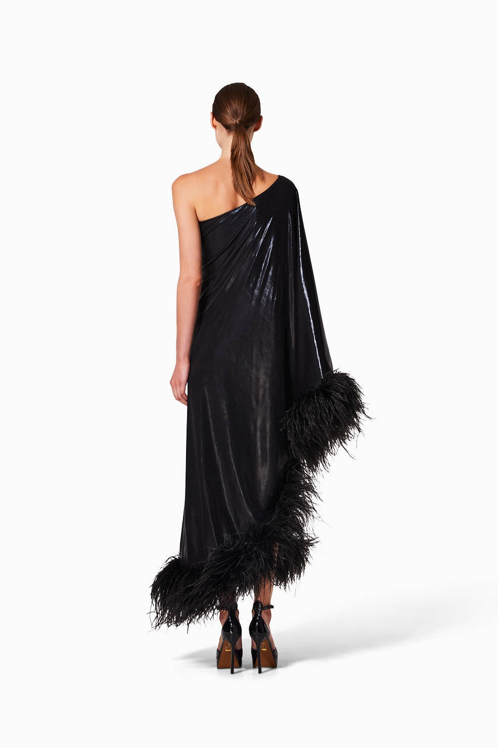 Black one-shoulder dress with feather details on a white background